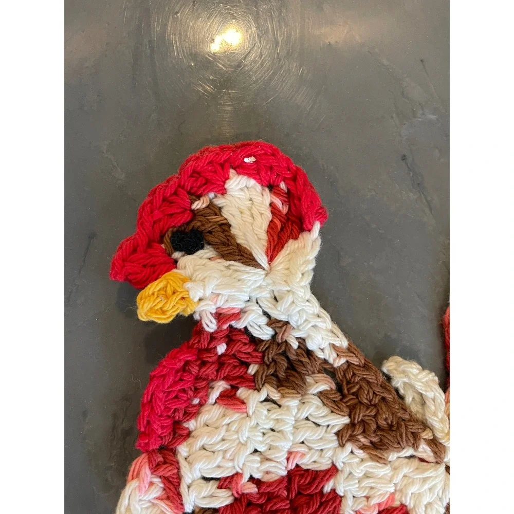 VTG Handmade Crochet Chicken Doily Toaster Cover Rooster Potholder Set Farmhouse